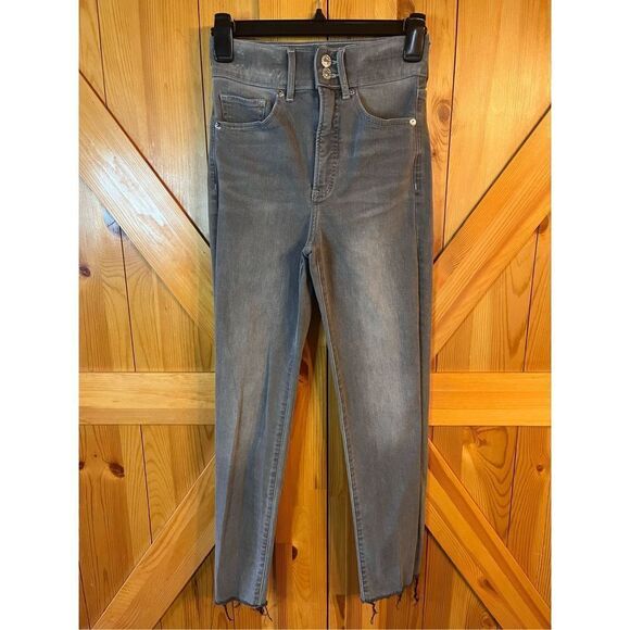 Express Jeans Slim Super High Rise Gray Stretch Raw Hem size 00 R (2121) - Picture 1 of 8
